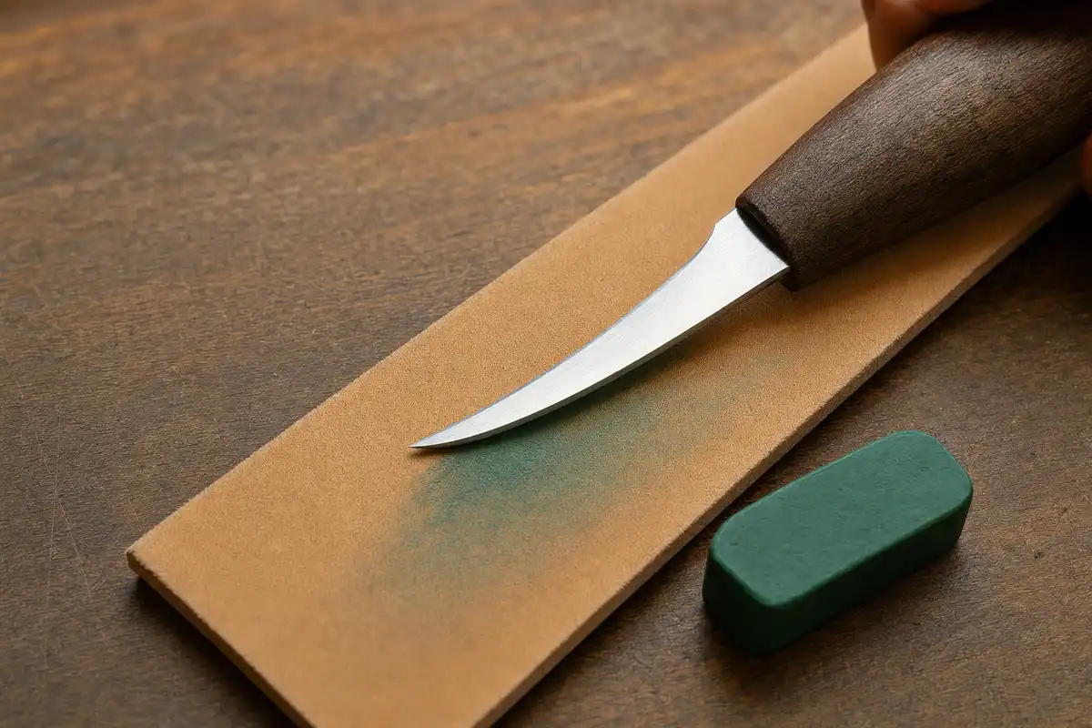 A CarveKind carving knife on the leather strop with green polishing compound worked into the leather