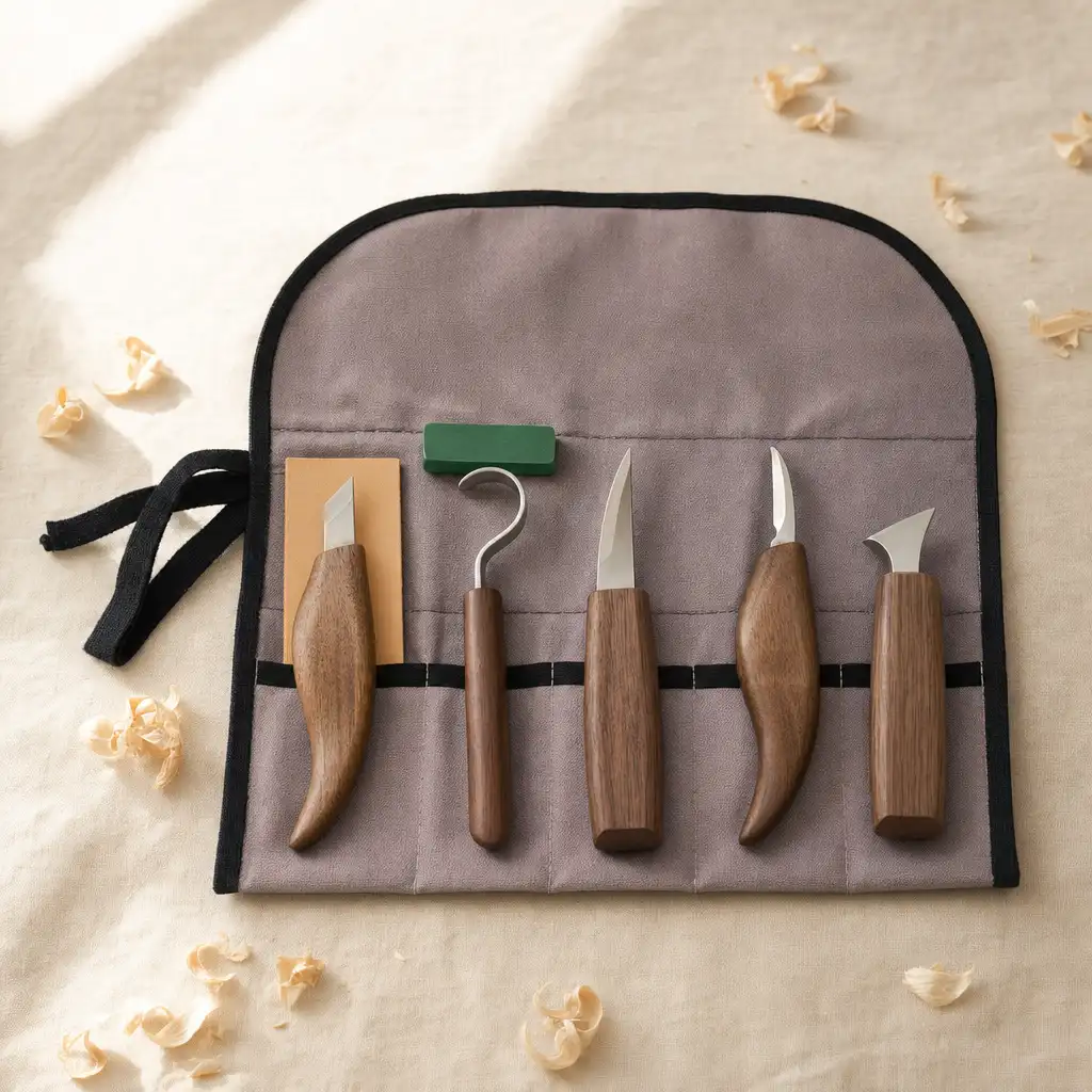 CarveKind 8-piece wood carving knife kit: five carving knives with black walnut handles, leather strop, green polishing wax and canvas roll bag