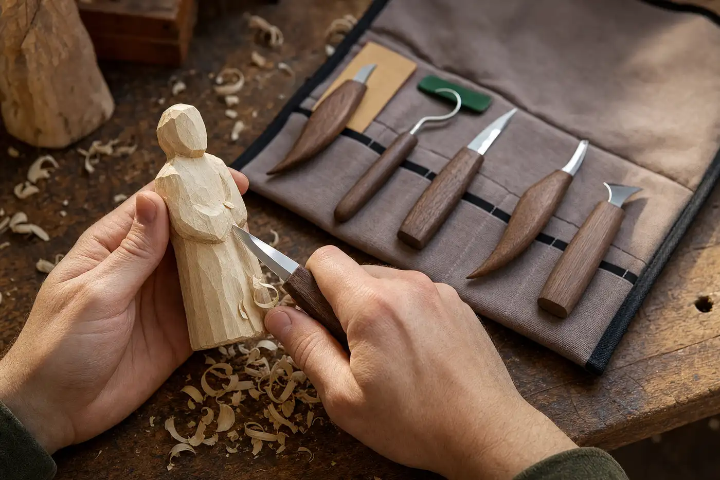 Carver shaping a basswood blank with the CarveKind Sloyd knife, with the canvas tool roll and leather strop laid out on the workbench